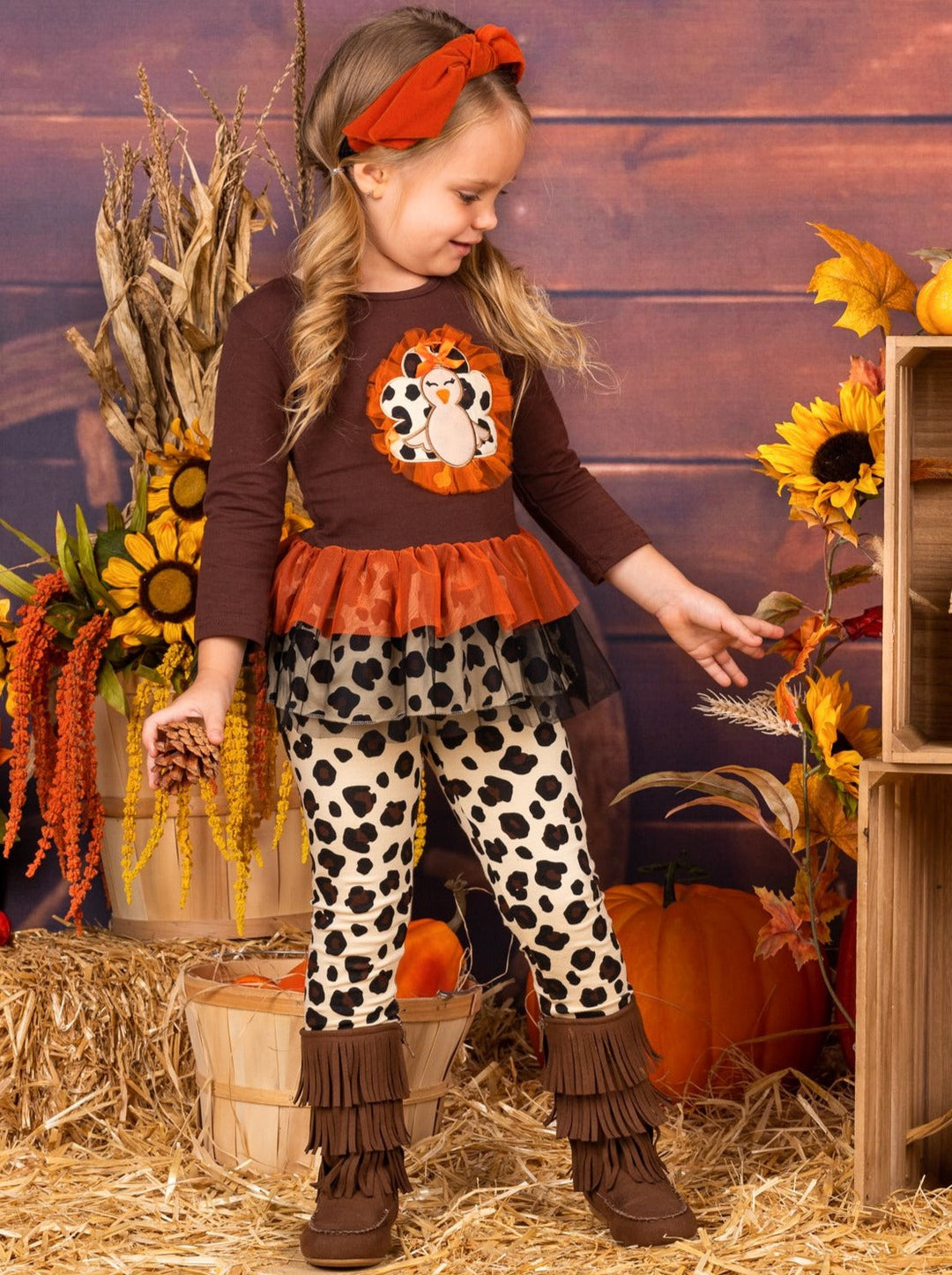 Girls Leopard Turkey Ruffled Peplum Tunic and Legging Set