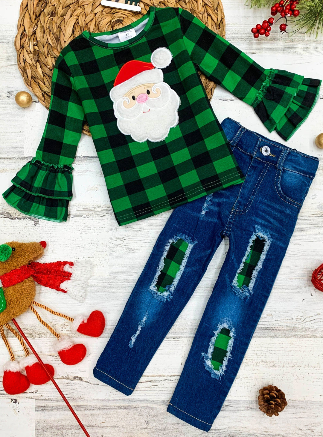 Cute Winter Denim Sets | Girls Santa Face Plaid Patched Jeans Set