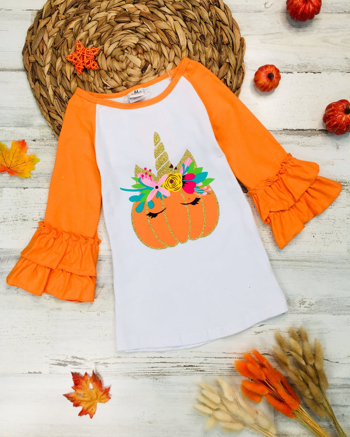 Girls Fall Top | Unicorn Pumpkin Ruffle Raglan Top - Mia Belle Girls