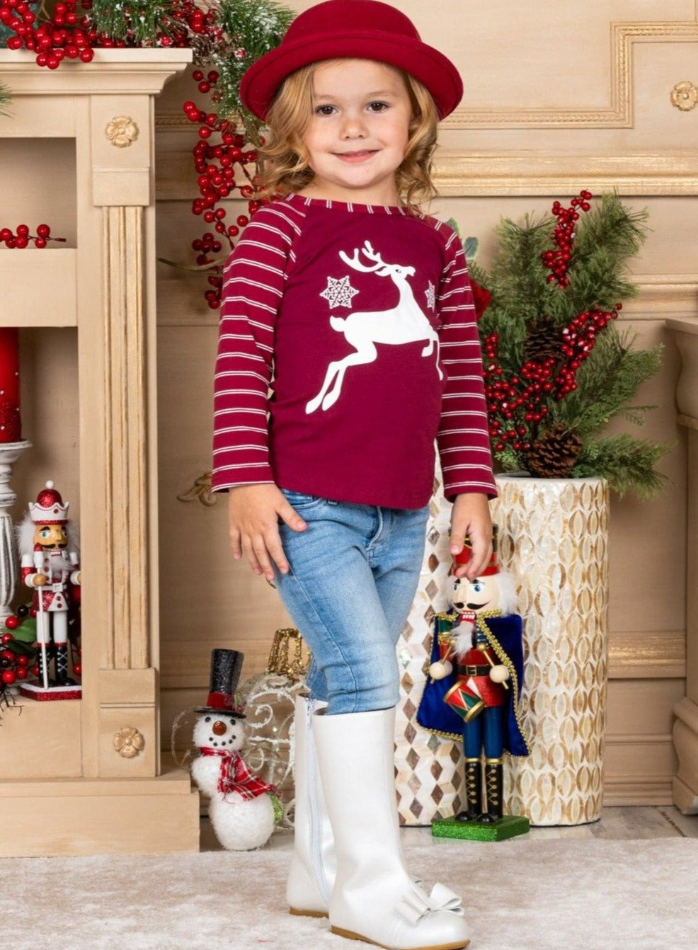 Cute Winter Tops | Girls Burgundy Striped Raglan Sleeve Reindeer Top