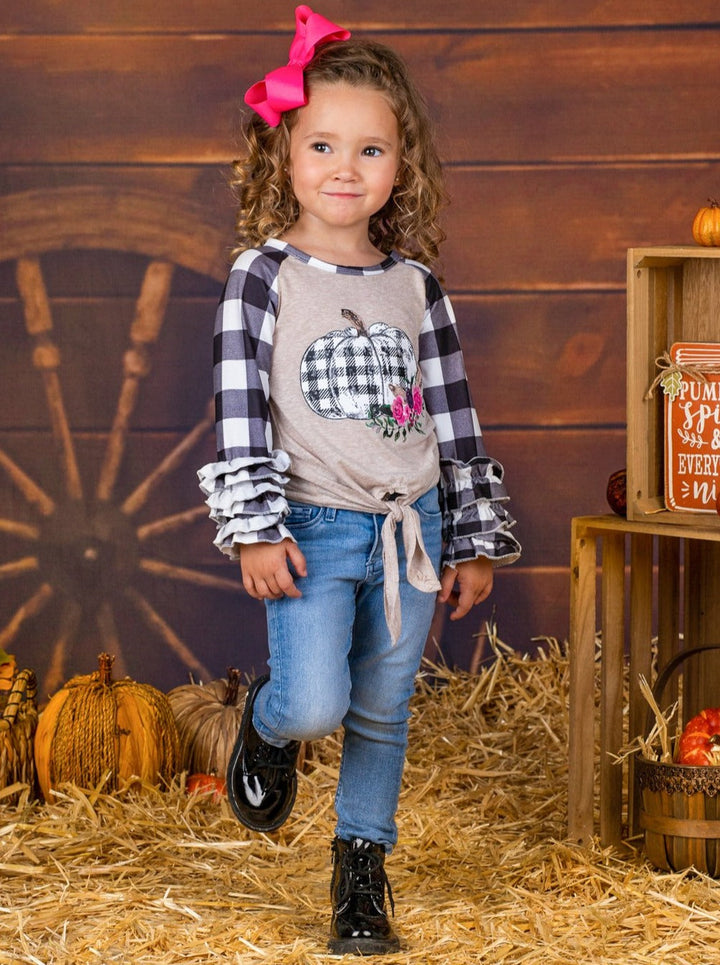 Mia Belle Girls Fall Plaid Pumpkin Knot Hem Raglan Top