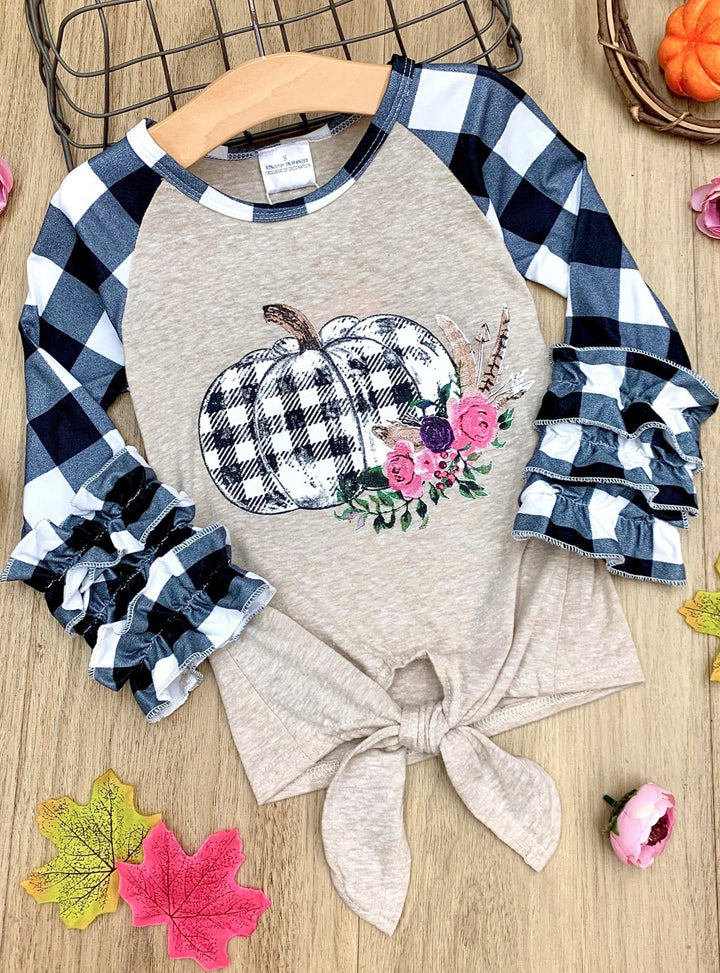 Mia Belle Girls Fall Plaid Pumpkin Knot Hem Raglan Top