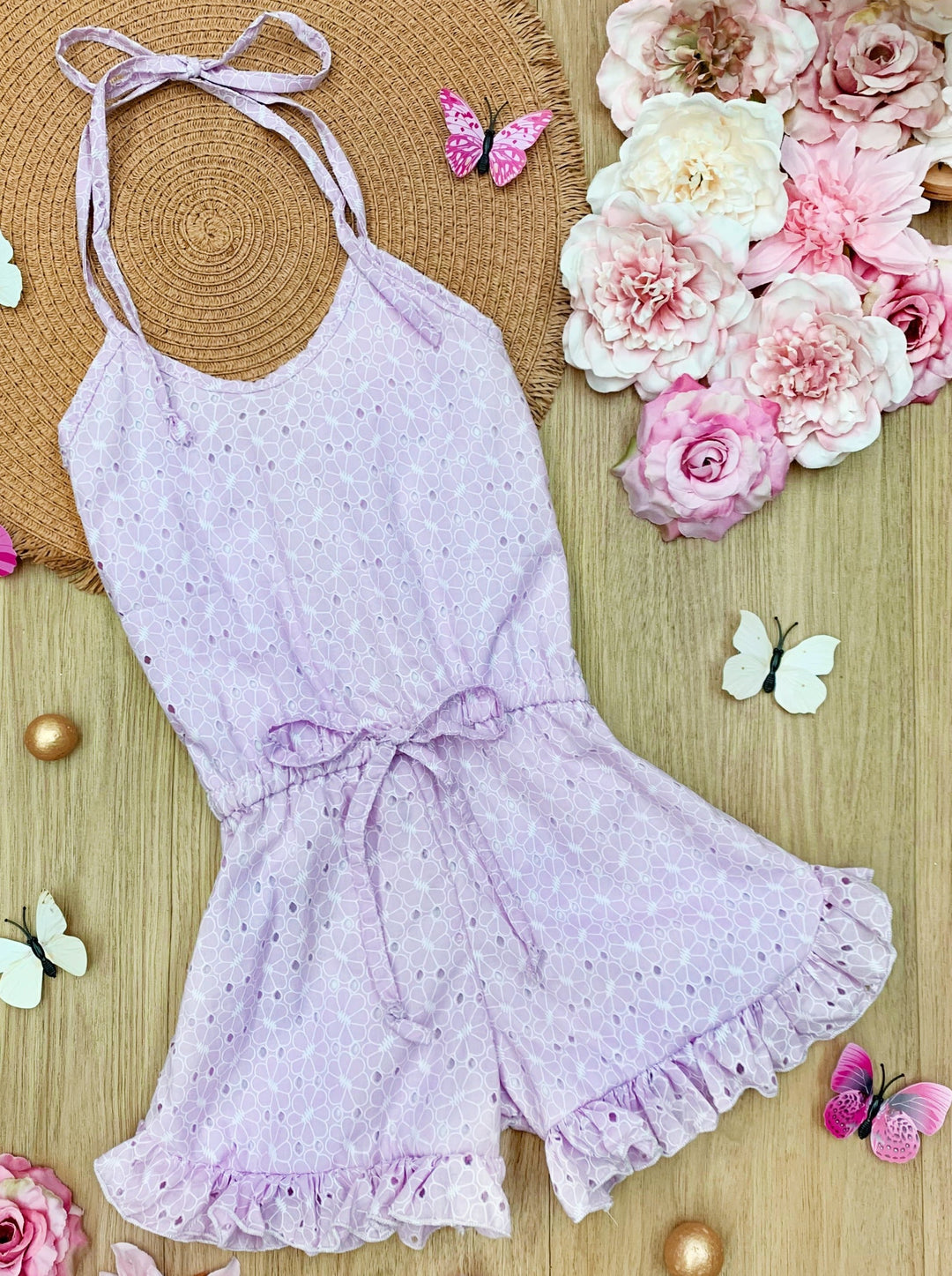 Girls Spring Outfits | Eyelet Halter Drawstring Ruffled Hem Romper