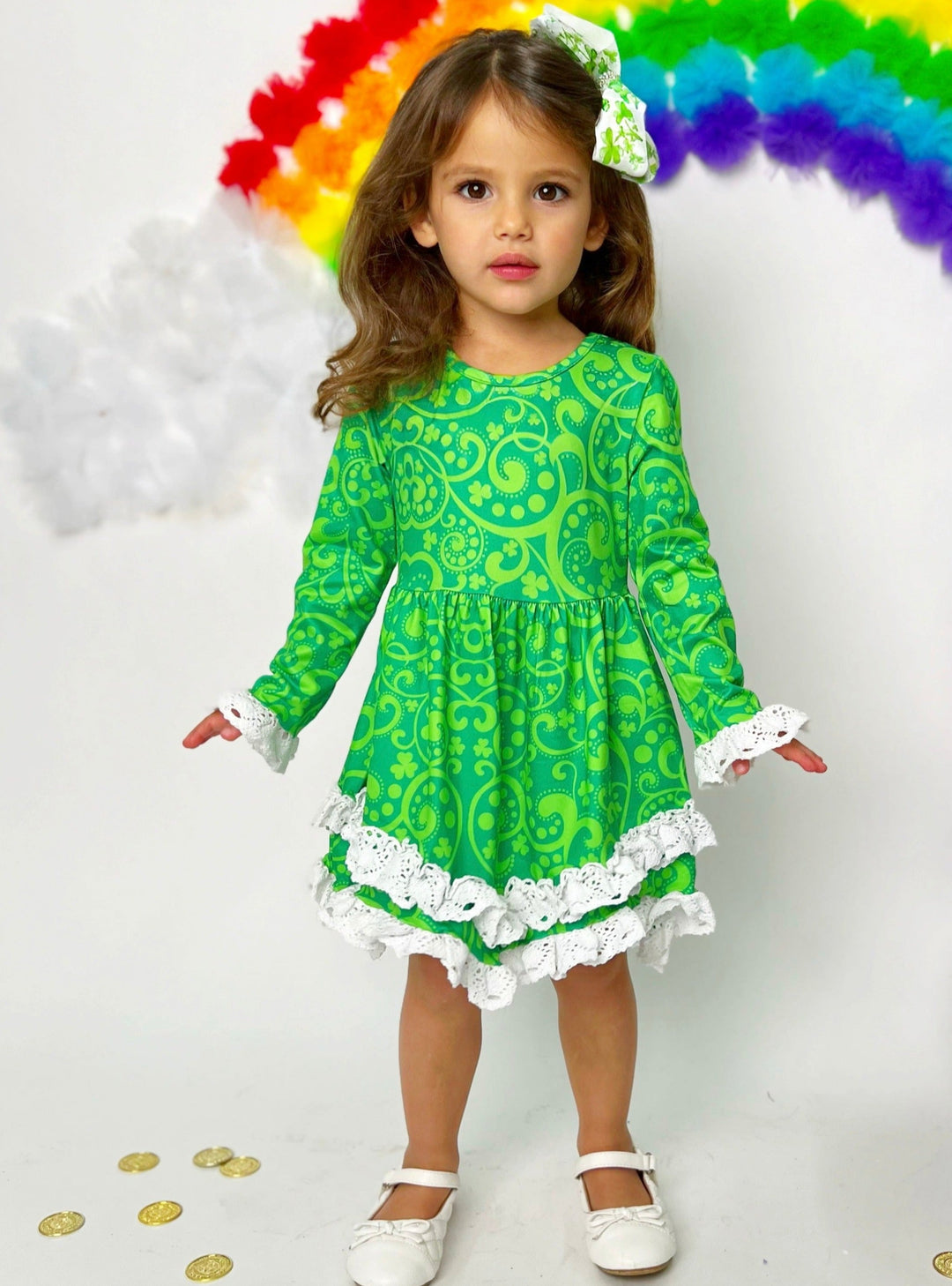 Girls St. Patrick’s Day Paisley Flared Sleeve Crochet 2-Tier Dress