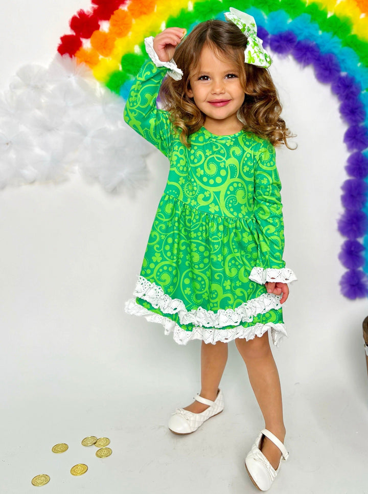 Girls St. Patrick’s Day Paisley Flared Sleeve Crochet 2-Tier Dress