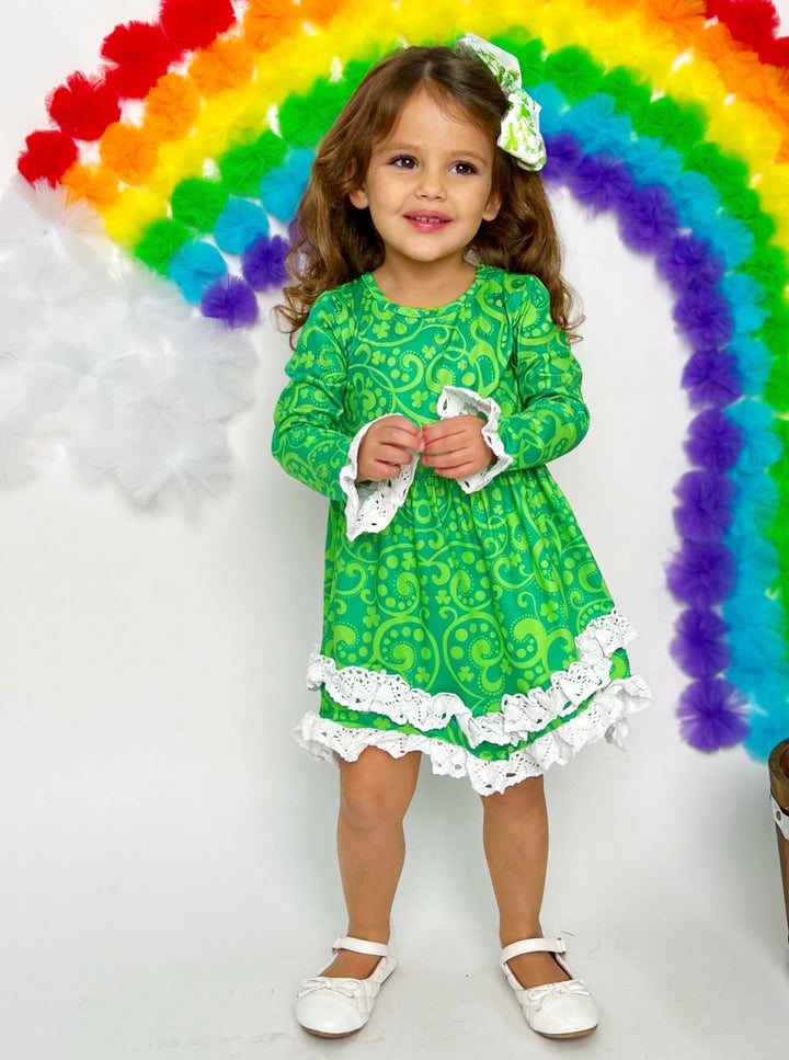 Girls St. Patrick’s Day Paisley Flared Sleeve Crochet 2-Tier Dress