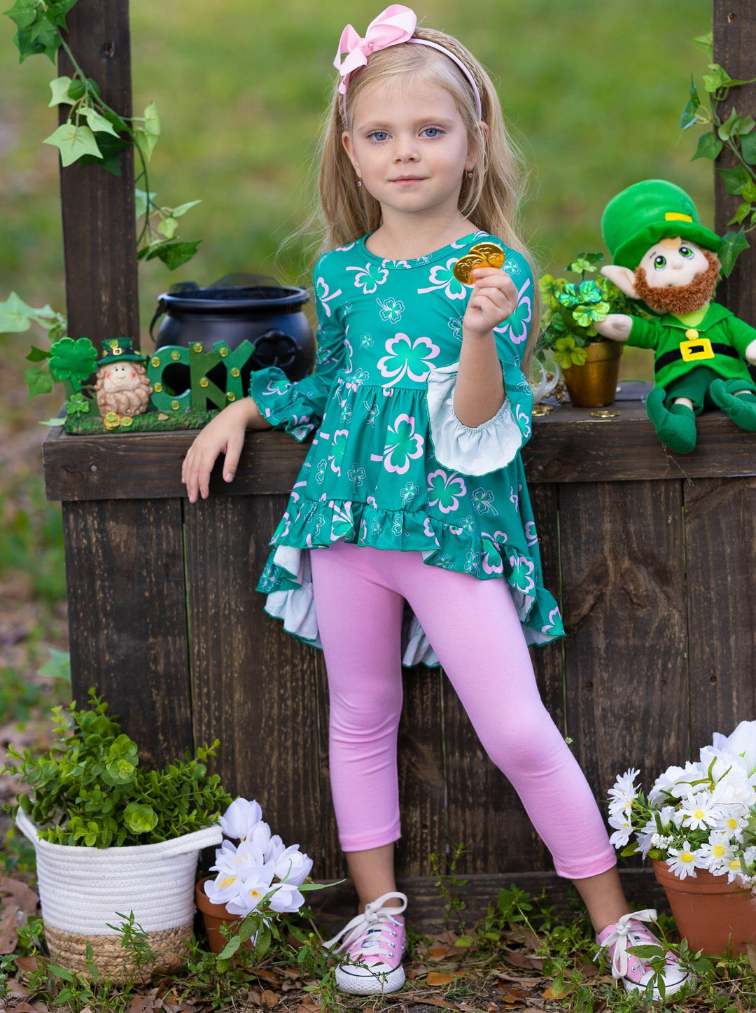 St. Patrick's Day Clothes | Girls Ruffled Hi-Lo Tunic & Legging Set 