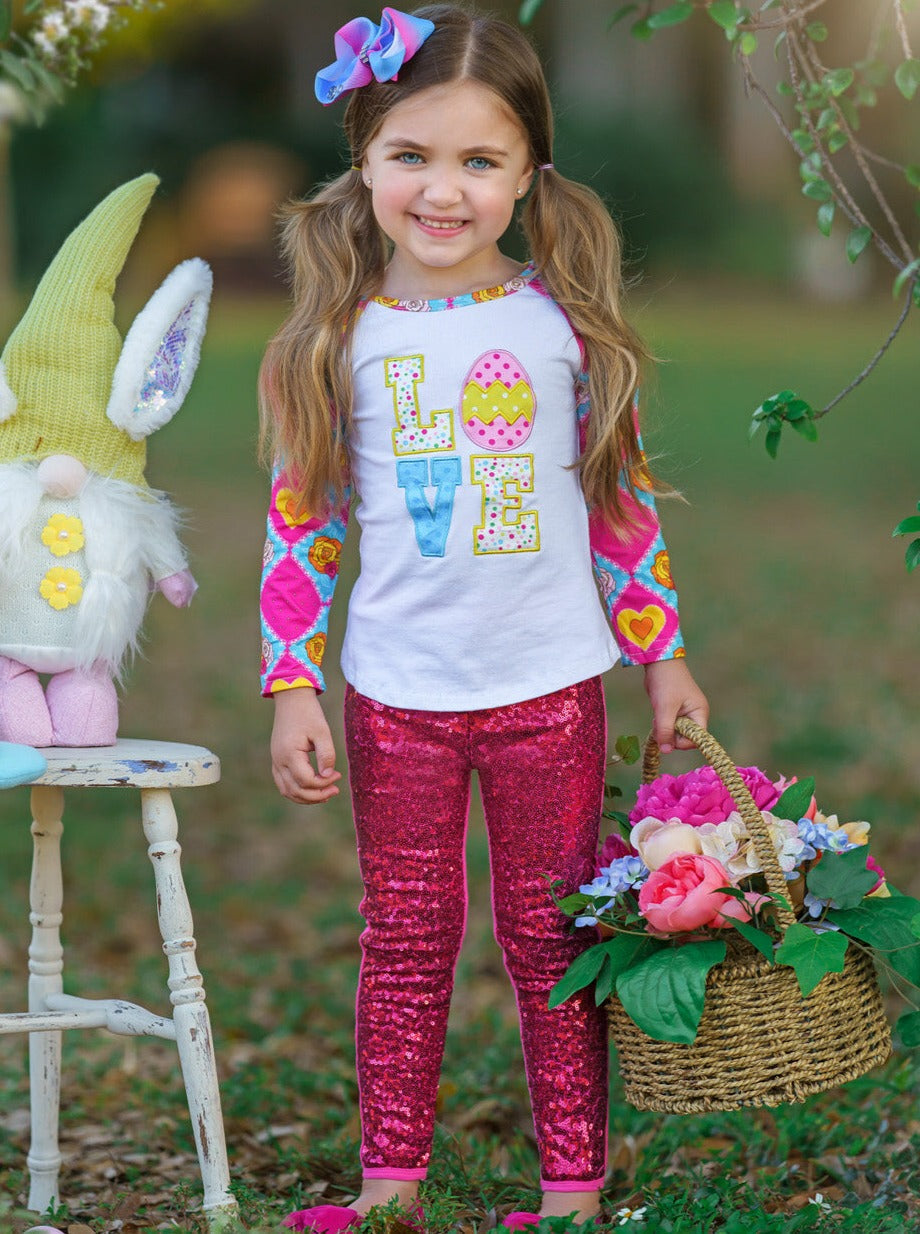 Girls Easter Lovin' Applique Top and Hot Pink Sequin Leggings Set