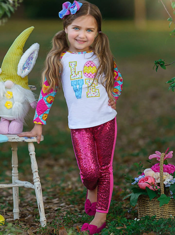 Girls Easter Lovin' Applique Top and Hot Pink Sequin Leggings Set