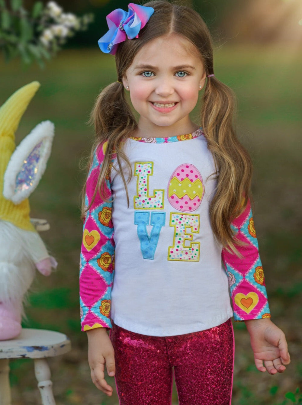 Girls Easter Lovin' Applique Top and Hot Pink Sequin Leggings Set