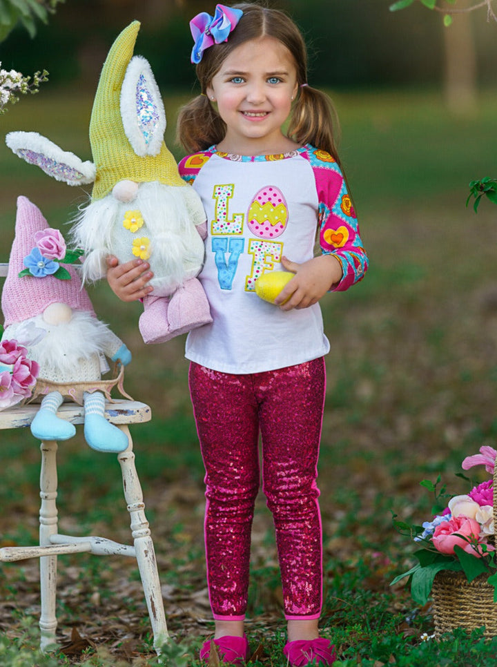 Girls Easter Lovin' Applique Top and Hot Pink Sequin Leggings Set