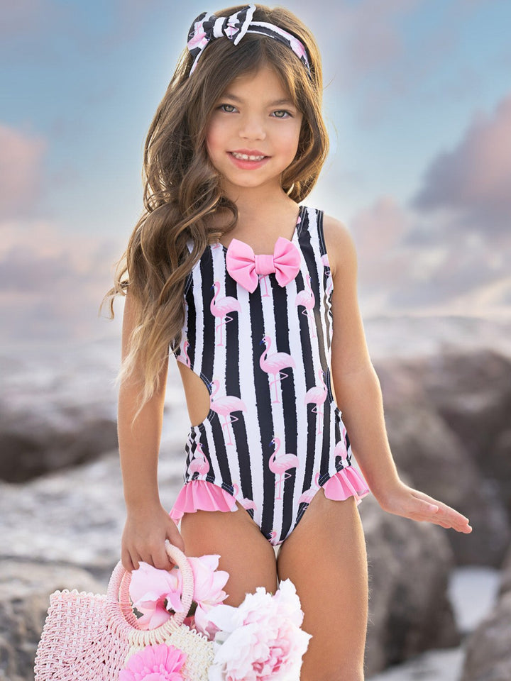 Flamingo Stripes Bow One-Piece Swimsuit Set