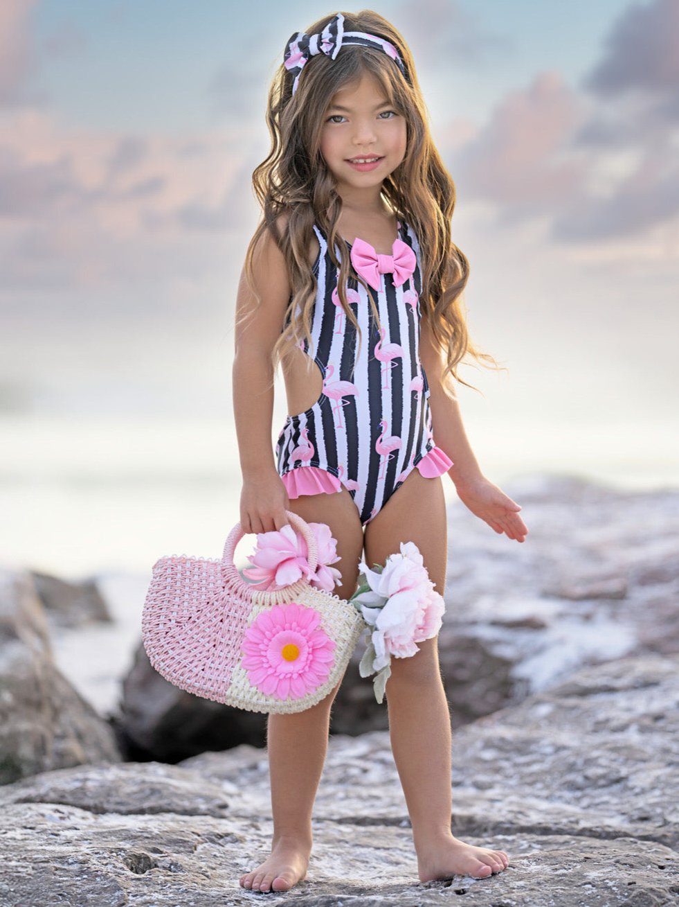 Flamingo Stripes Bow One-Piece Swimsuit Set