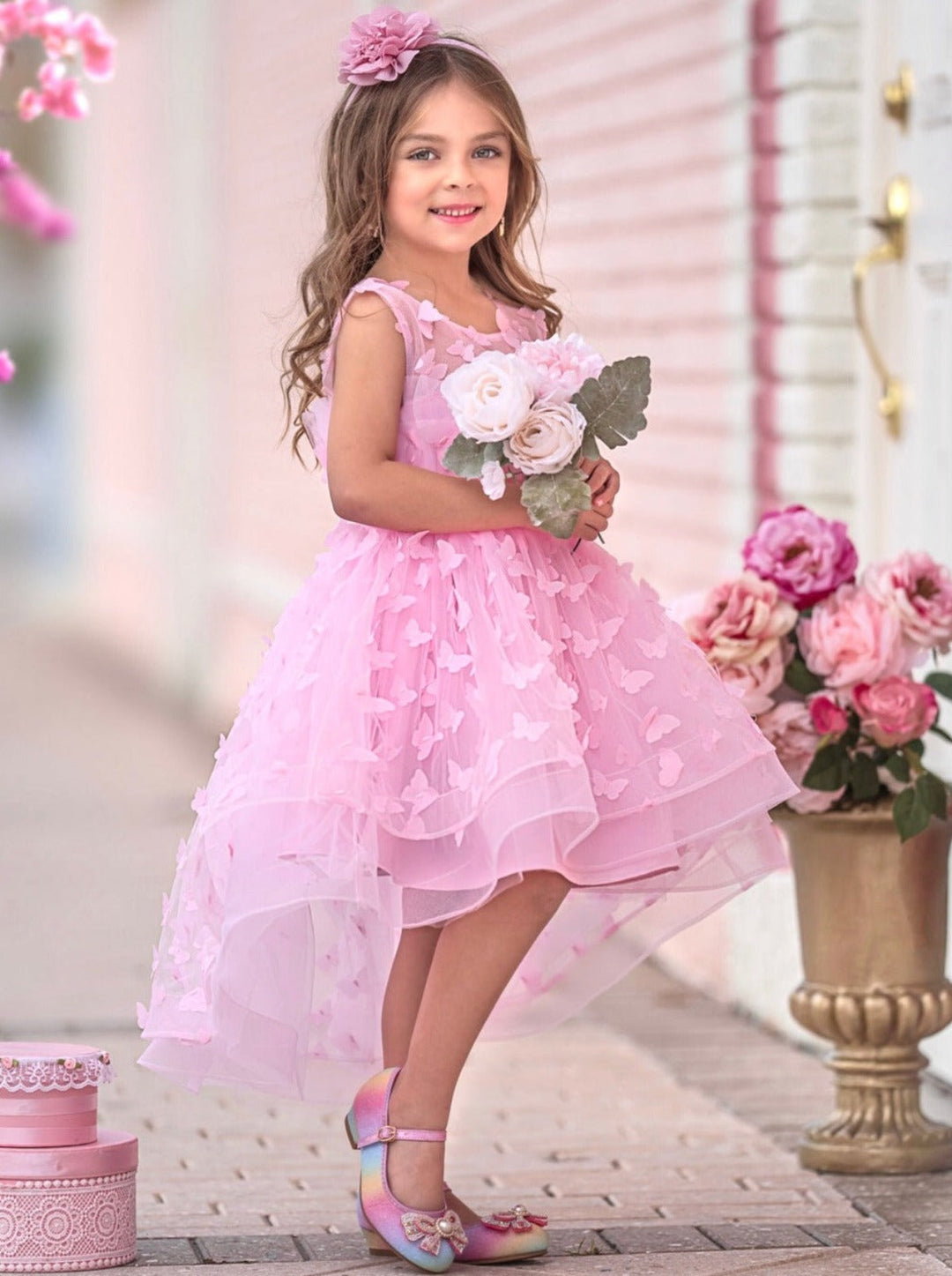 Mia Belle Girls Pink Butterfly Tulle Dress | Girls Formal Dresses