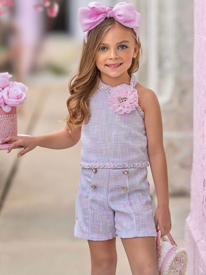 Celebrate With Flair Pastel Halter Tweed Top and Short Set