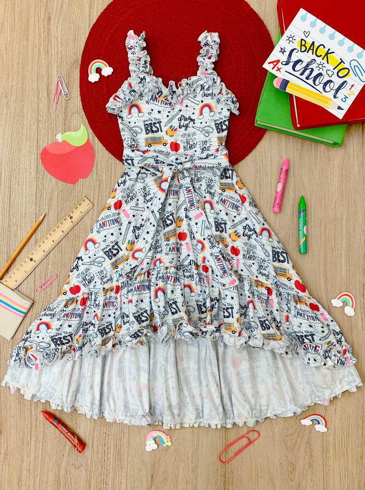 Back To School Clothes | School Doodle Hi-Lo Dress | Mia Belle Girls