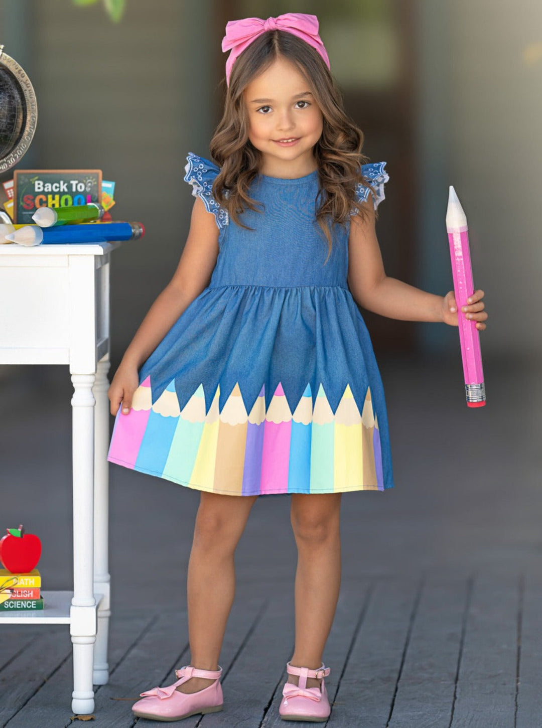 Mia Belle Girls Rainbow Crayon Denim Dress | Back To School Dresses