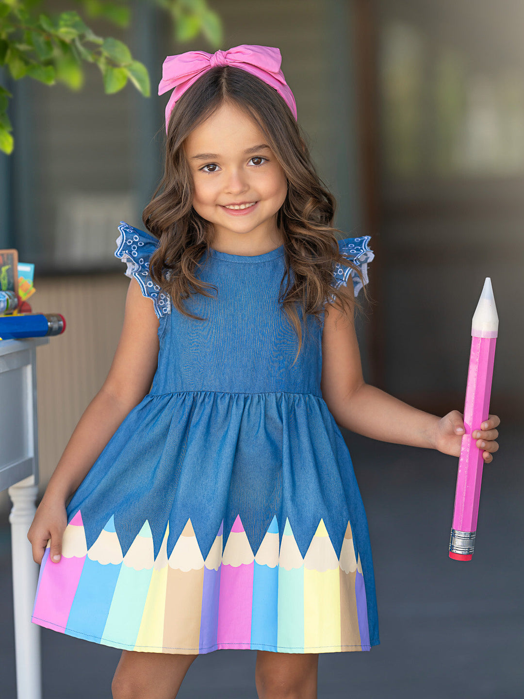 Mia Belle Girls Rainbow Crayon Denim Dress | Back To School Dresses