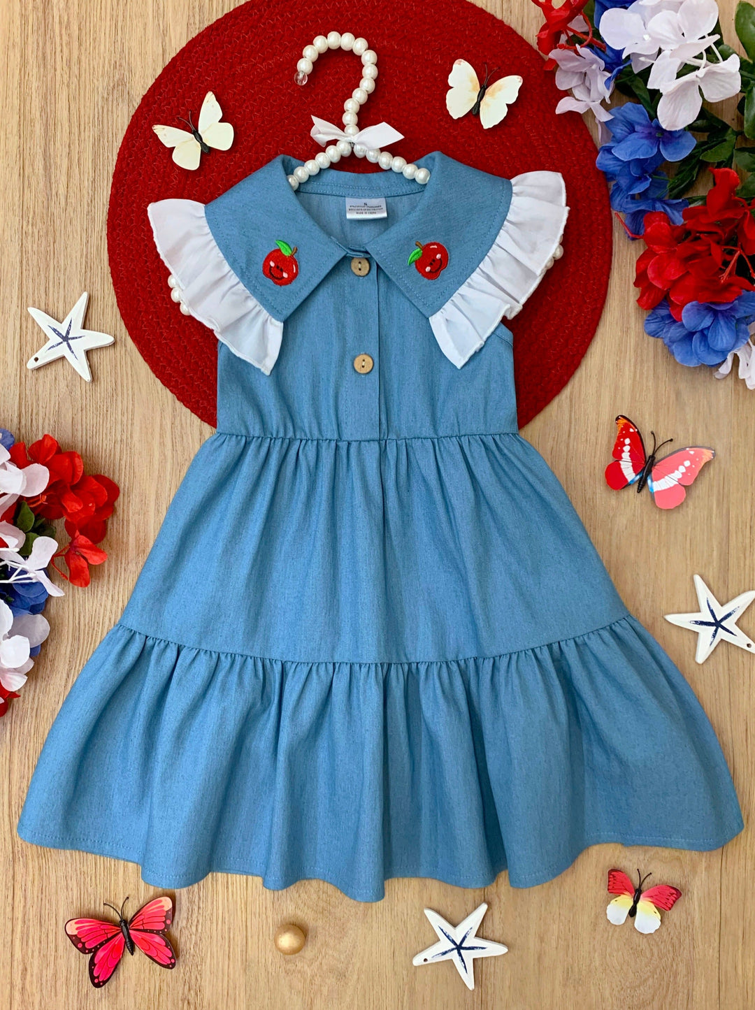 Mia Belle Girls Ruffle Collar Denim Dress | Back To School Dresses