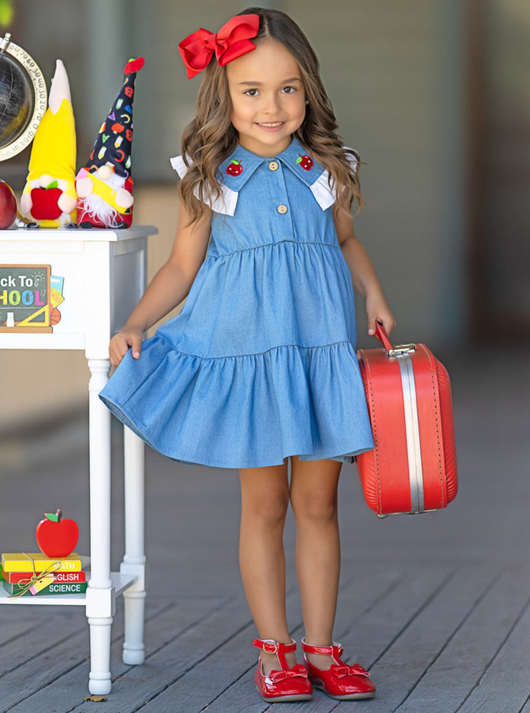 Mia Belle Girls Ruffle Collar Denim Dress | Back To School Dresses