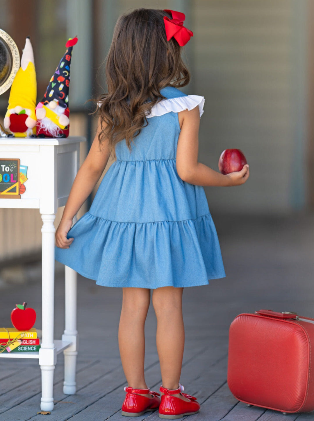 Mia Belle Girls Ruffle Collar Denim Dress | Back To School Dresses