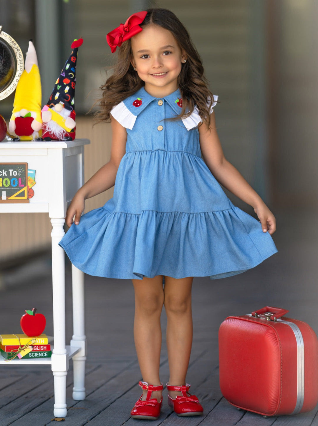 Mia Belle Girls Ruffle Collar Denim Dress | Back To School Dresses