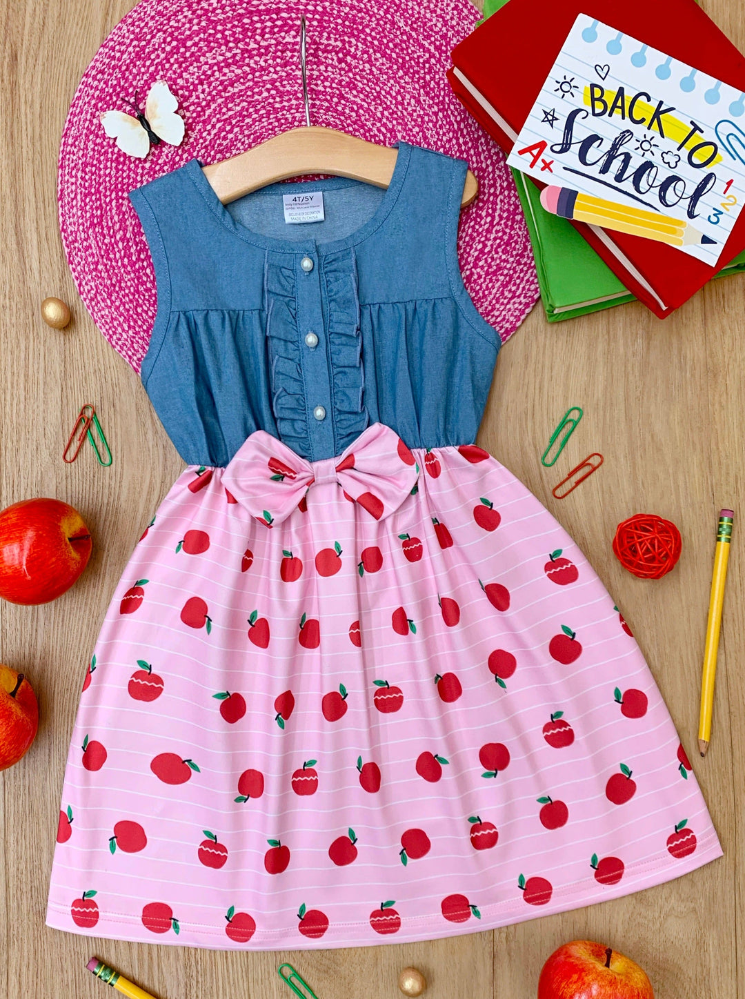 Mia Belle Girls Chambray Apple Print Dress | Back To School Dresses