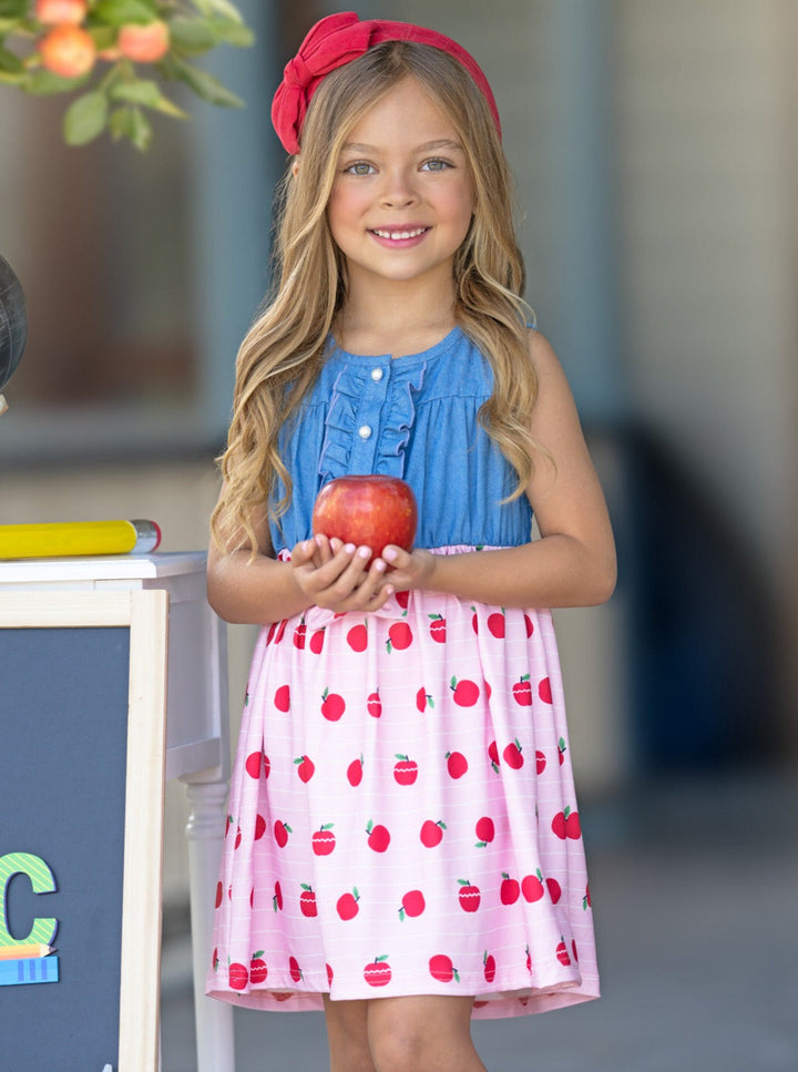 Mia Belle Girls Chambray Apple Print Dress | Back To School Dresses