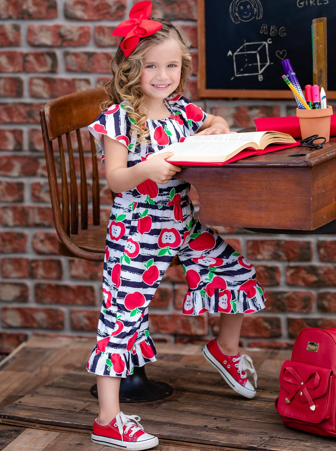 First Day of School Apple Stripe Ruffle Hem Jumpsuit | Mia Belle Girls