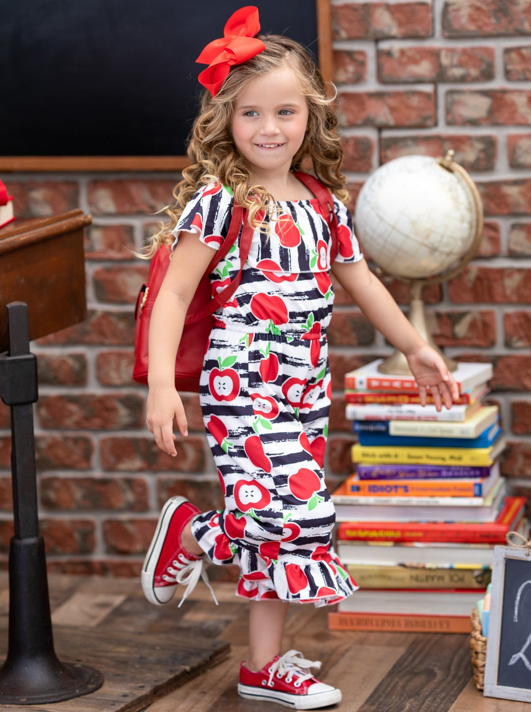 First Day of School Apple Stripe Ruffle Hem Jumpsuit | Mia Belle Girls