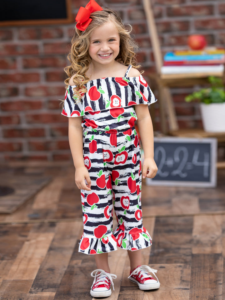 First Day of School Apple Stripe Ruffle Hem Jumpsuit | Mia Belle Girls