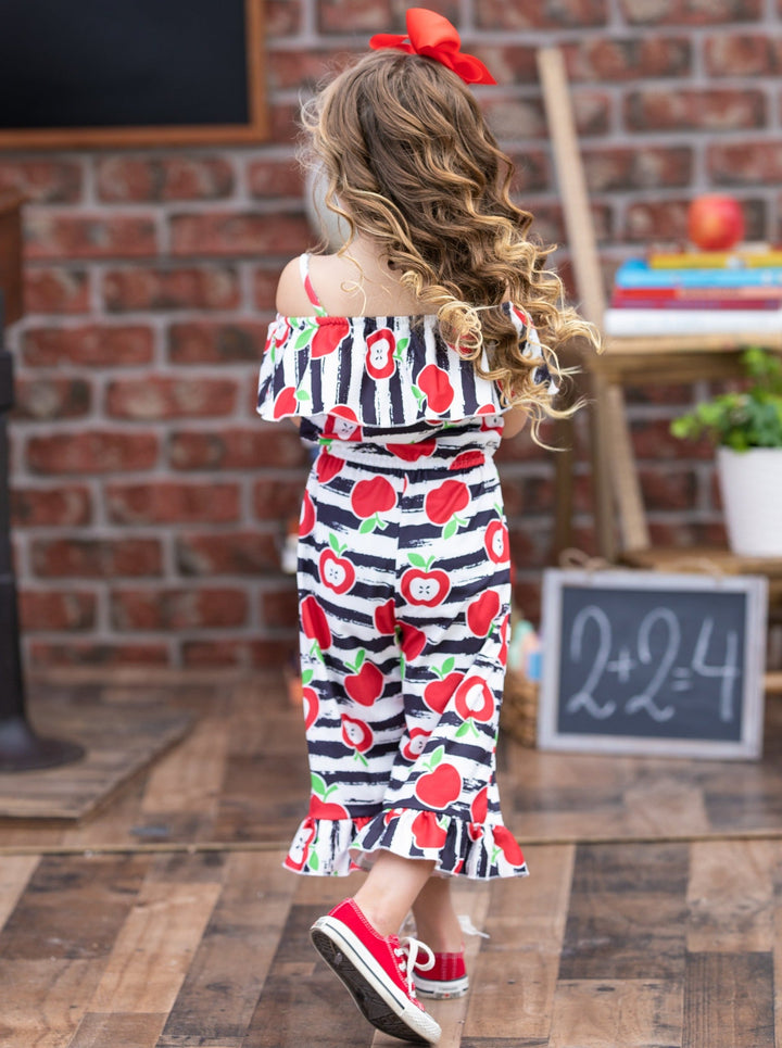 First Day of School Apple Stripe Ruffle Hem Jumpsuit | Mia Belle Girls