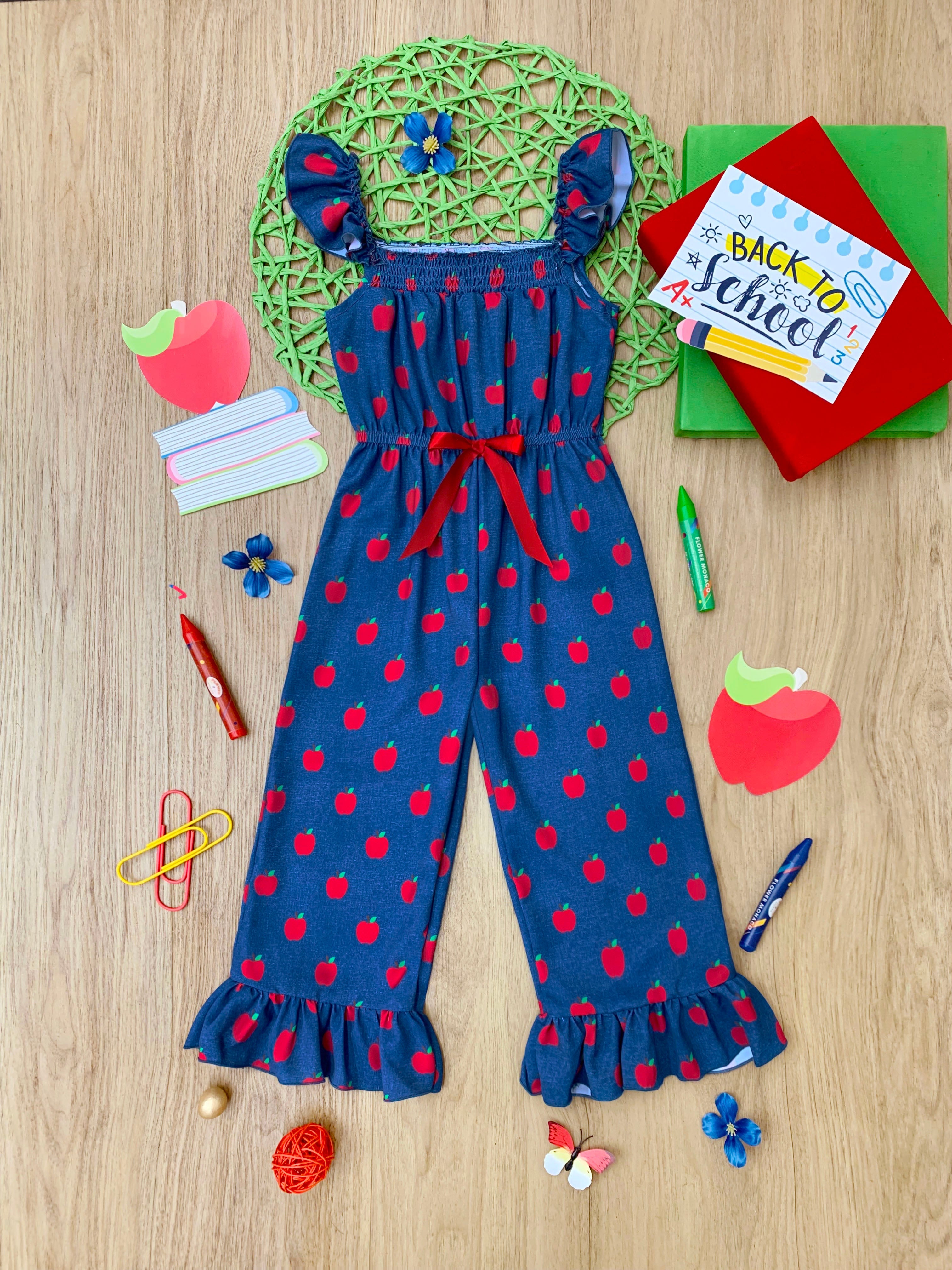 1st Day of School Clothes Apple Ruffle Jumpsuit Mia Belle Girls