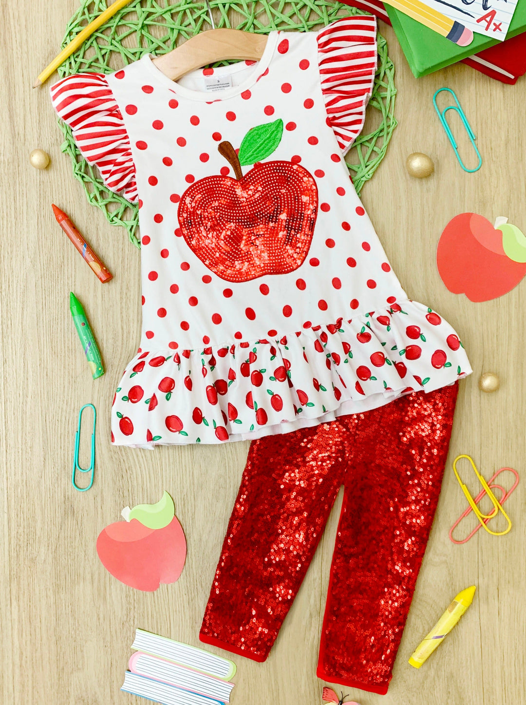 First Day of School | Sequin Apple Top & Legging Set | Mia Belle Girls