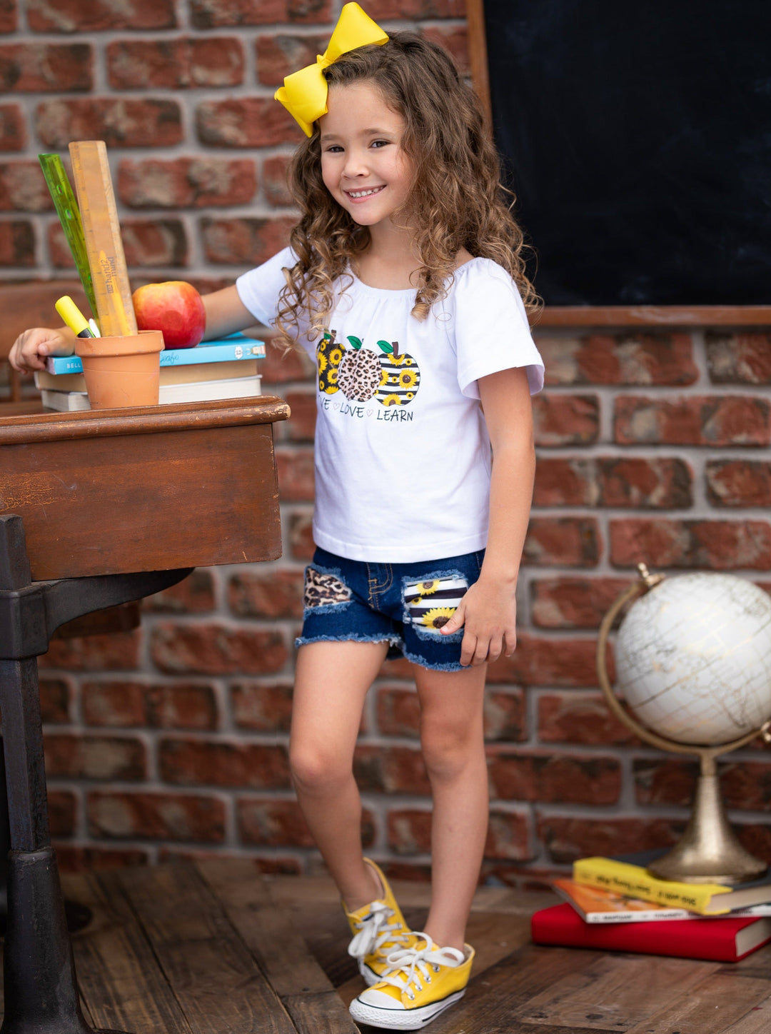 First Day of School | Top & Patched Denim Shorts Set | Mia Belle Girls