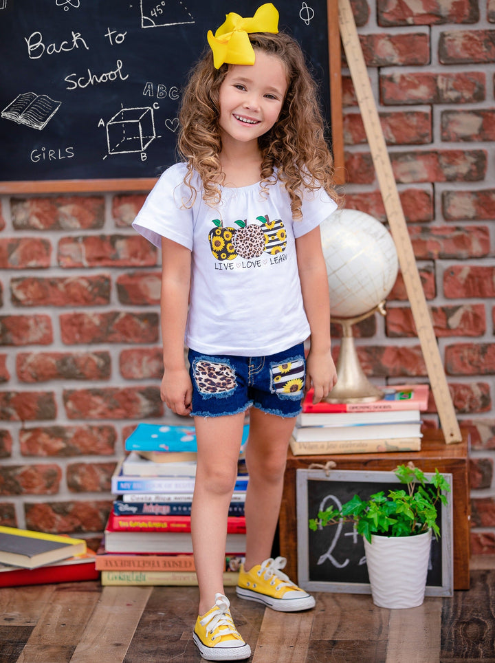 First Day of School | Top & Patched Denim Shorts Set | Mia Belle Girls