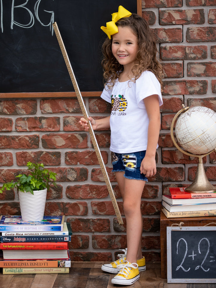 First Day of School | Top & Patched Denim Shorts Set | Mia Belle Girls