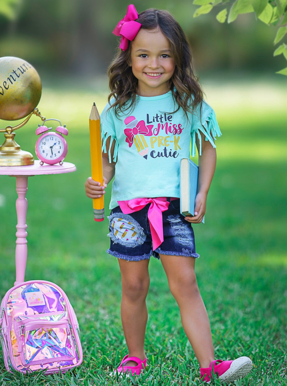 First Day of School | Little Miss Pre-K Patched Shorts Set | Mia Belle Girls