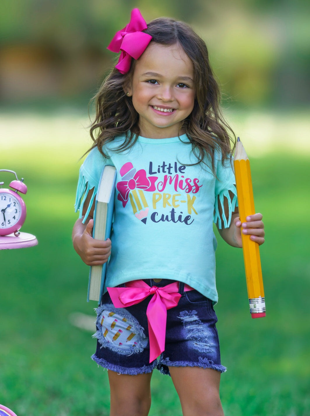 First Day of School | Little Miss Pre-K Patched Shorts Set | Mia Belle Girls