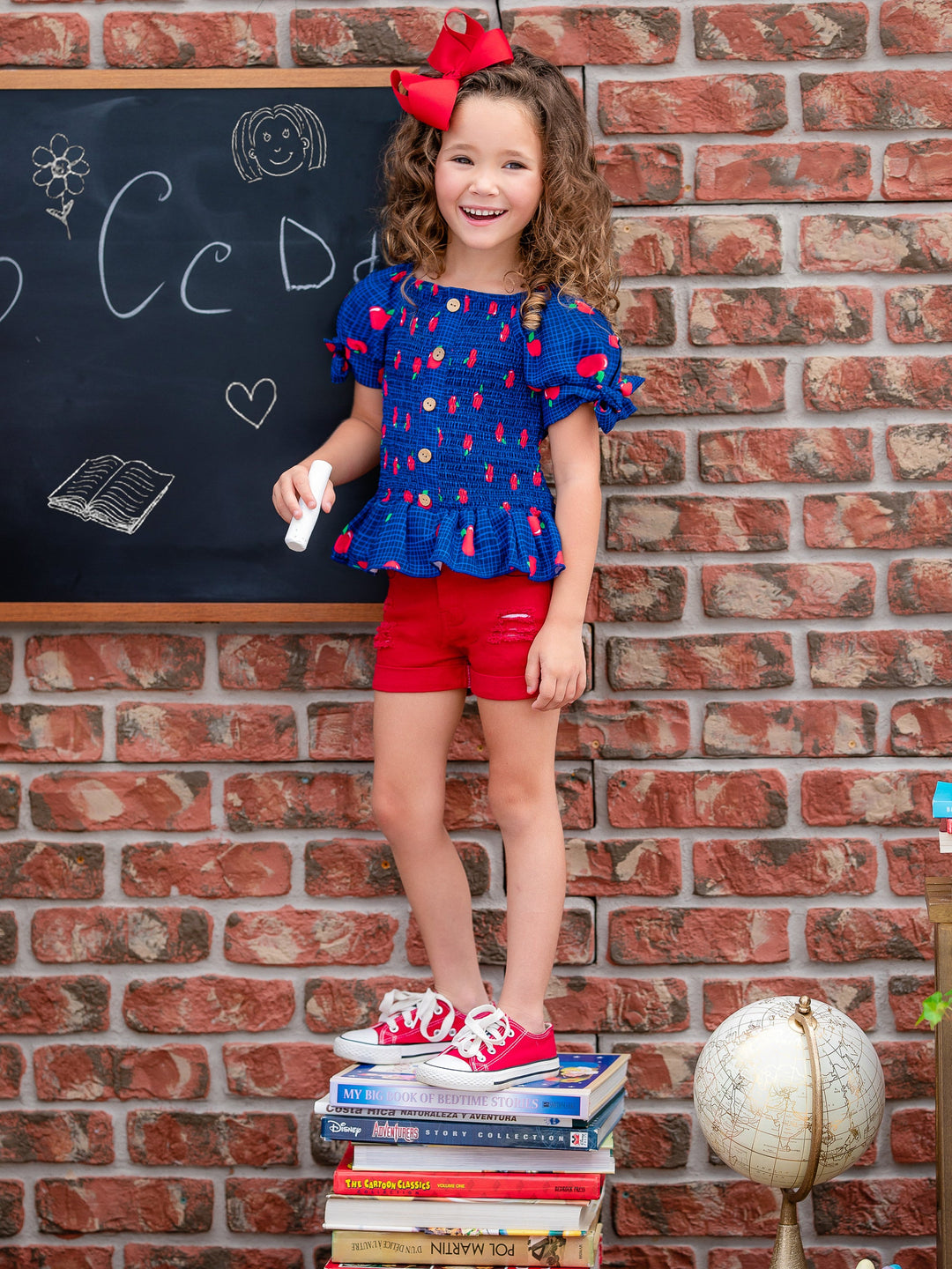 First Day of School Apple Smock Top & Demin Short Set | Mia Belle Girls