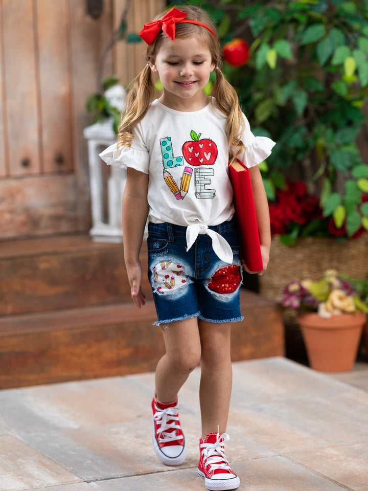 1st Day of School | Knot Top & Patched Denim Short Set | Mia Belle Girls