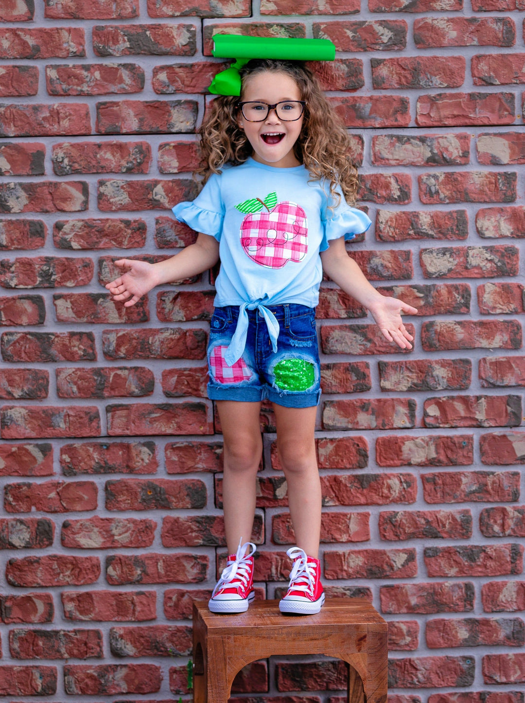 First Day of School | Plaid Patched Denim Shorts Set | Mia Belle Girls