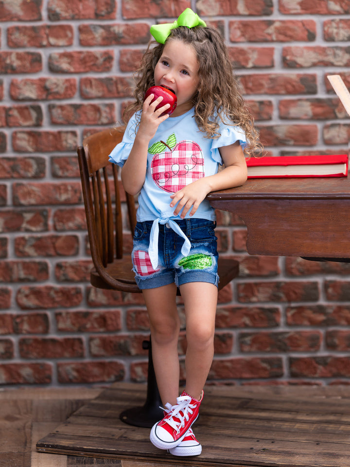 First Day of School | Plaid Patched Denim Shorts Set | Mia Belle Girls