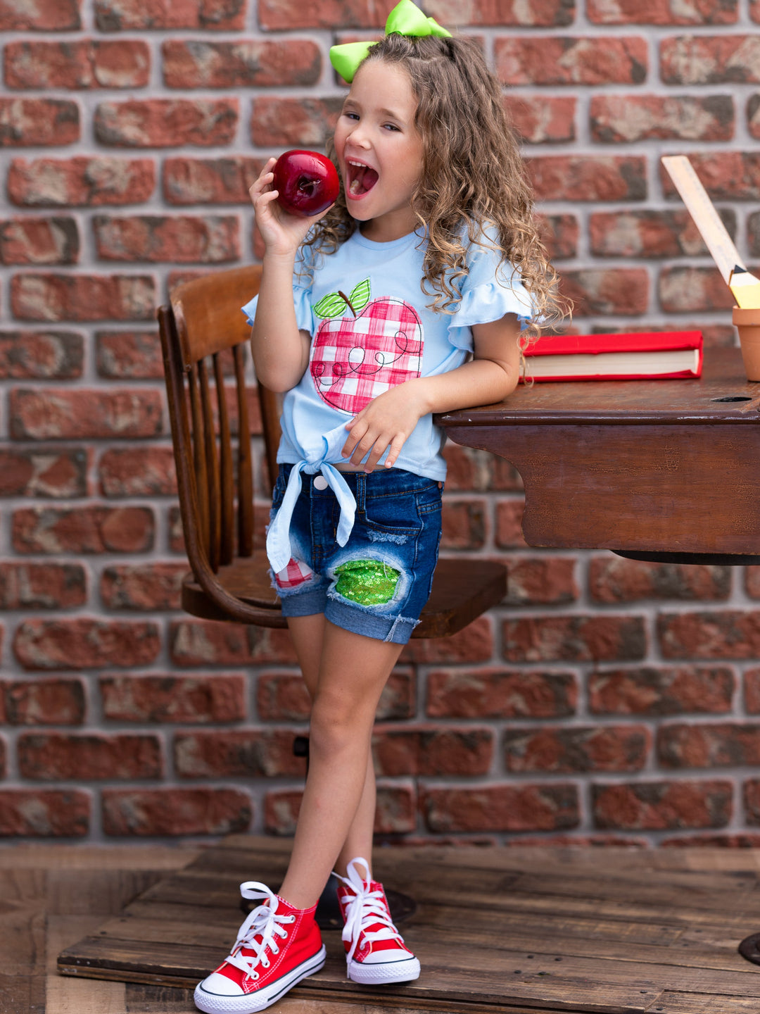 First Day of School | Plaid Patched Denim Shorts Set | Mia Belle Girls