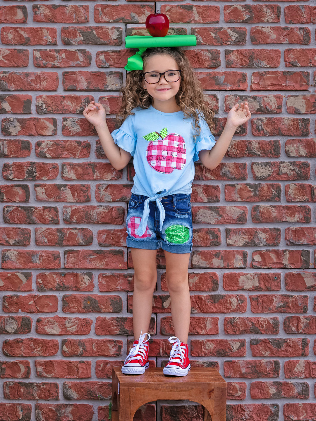 First Day of School | Plaid Patched Denim Shorts Set | Mia Belle Girls