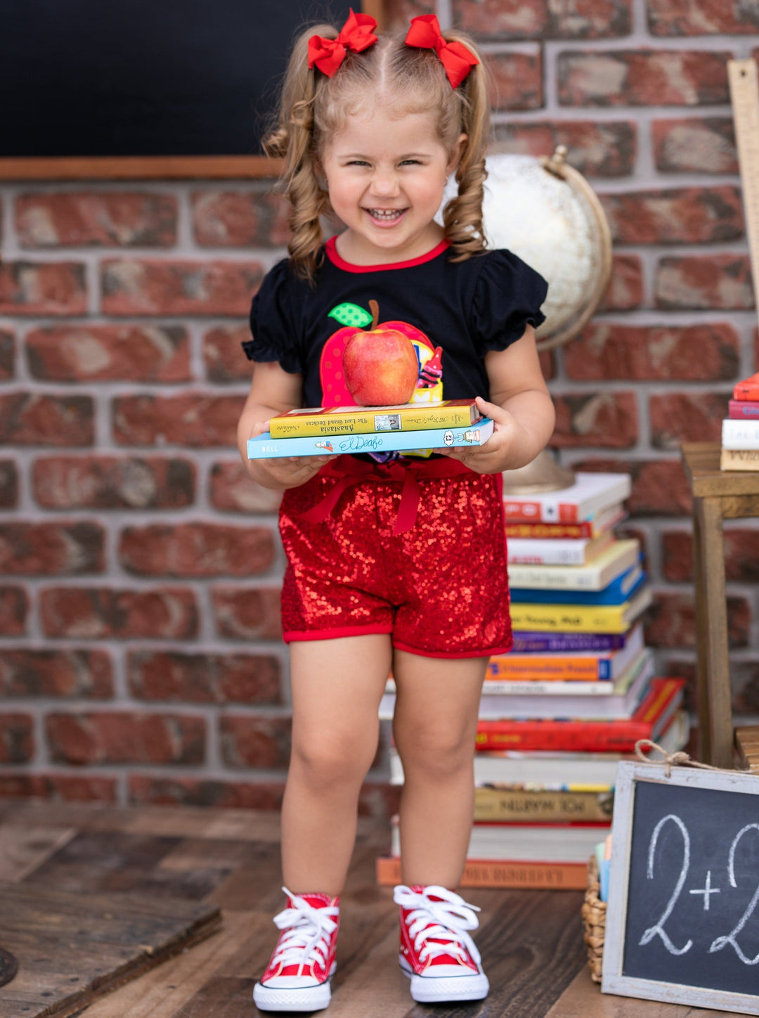 Little girls back to school apple and crayon graphic top with puffed short sleeves and sequin mesh shorts with bow - Mia Belle Girls