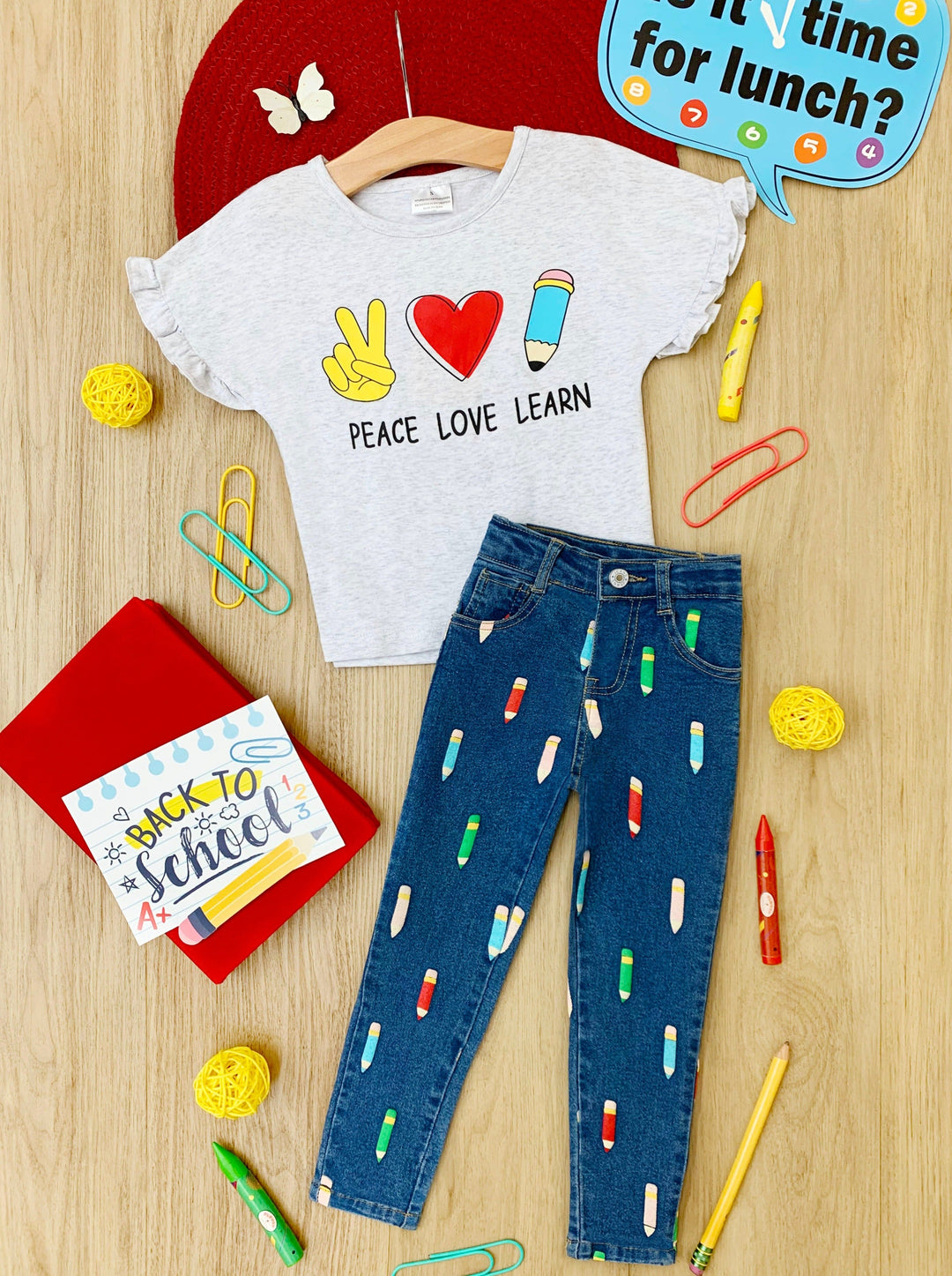 Girls Back To School Peace, Love, and Learn Pencil Denim Jeans Set