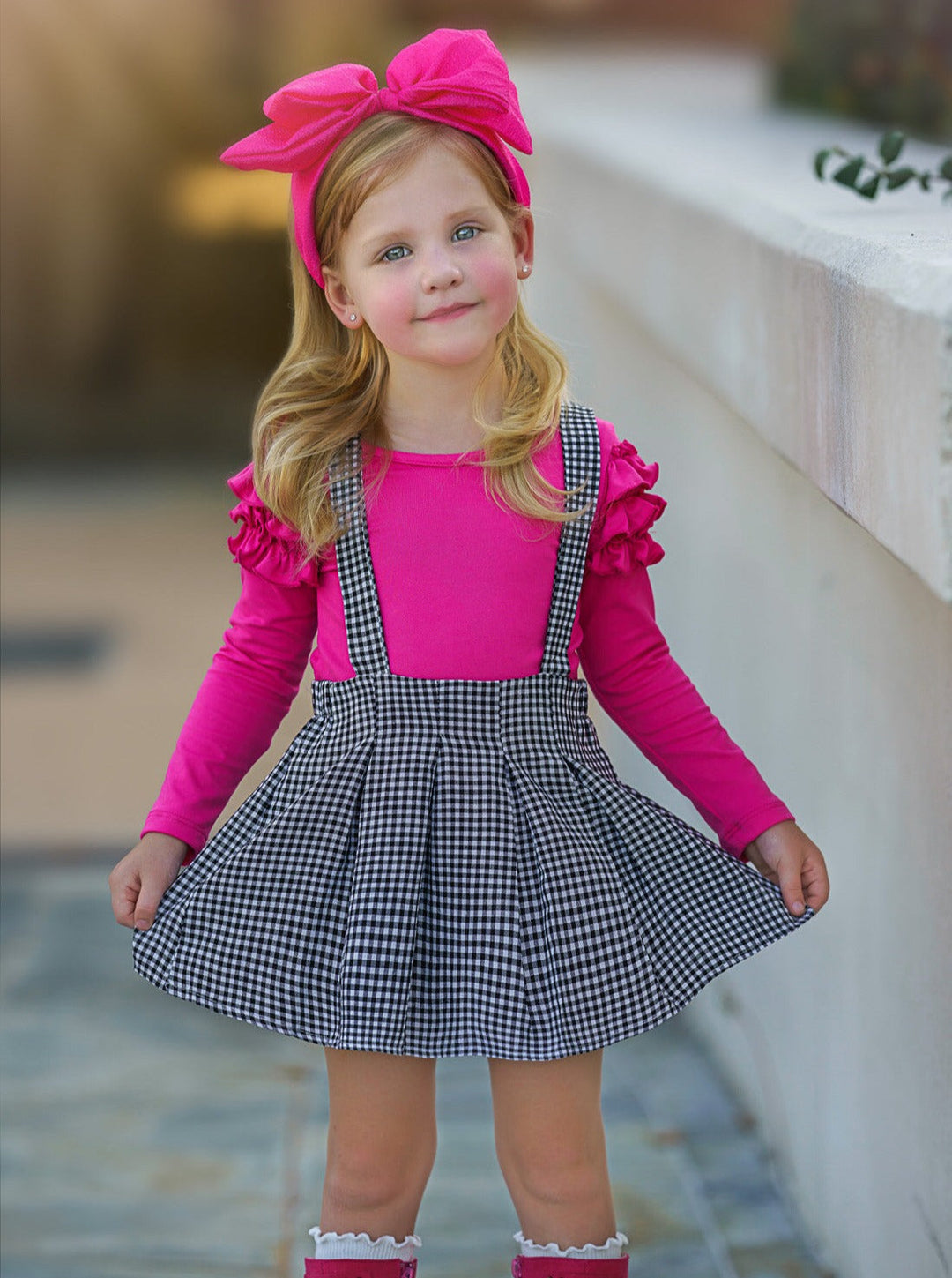 Mia Belle Girls Gingham Suspender Skirt Set | Toddler Outfits