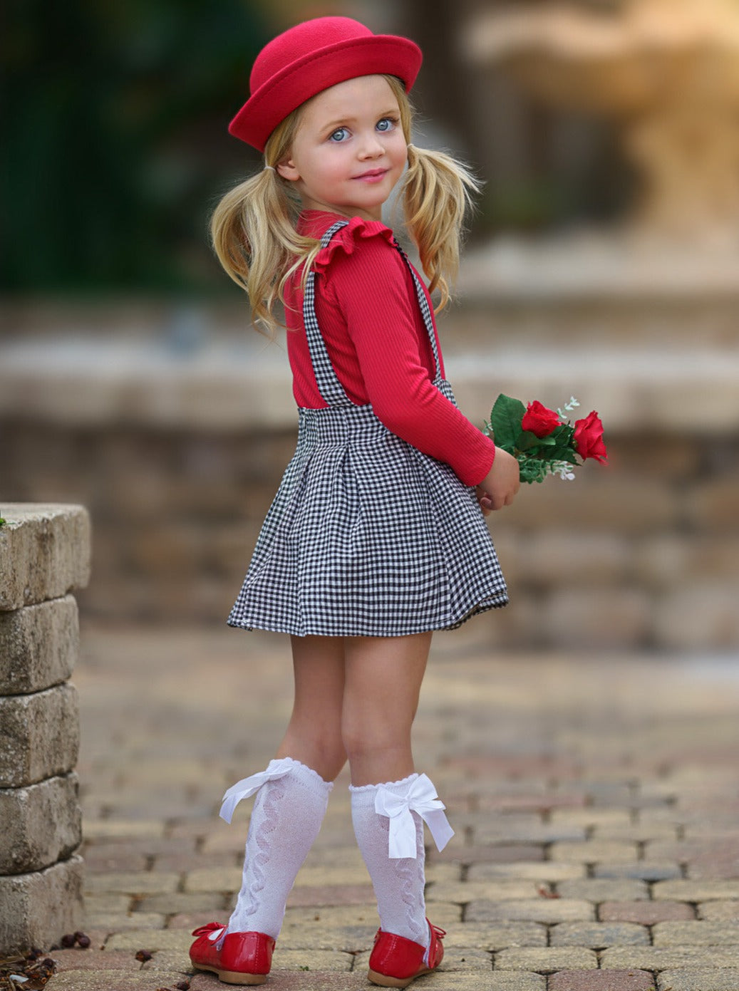 Mia Belle Girls Gingham Suspender Skirt Set | Toddler Outfits