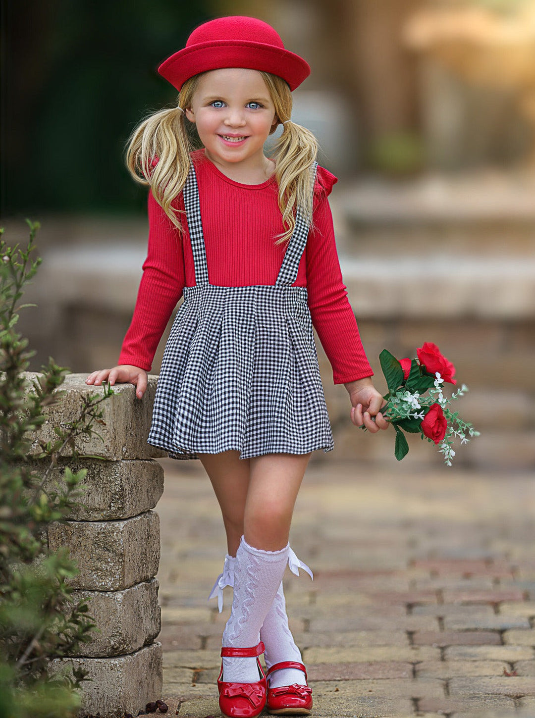 Mia Belle Girls Gingham Suspender Skirt Set | Toddler Outfits